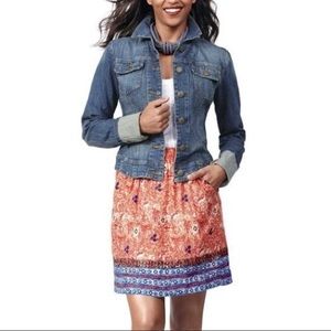 CAbi Bella skirt with pockets, size XS, color: red/orange with blue and purple